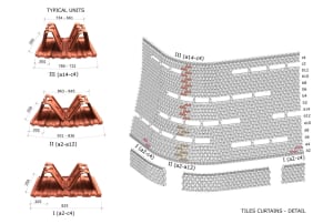 3D rendering of tiled construction plans showing typical units and tiles curtains detail.