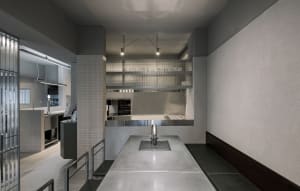 Modern industrial restaurant kitchen with a sleek concrete countertop.