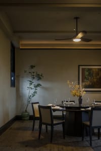 A minimalist dining room featuring natural wood elements, under warm lighting with a ceiling fan and a framed artwork.