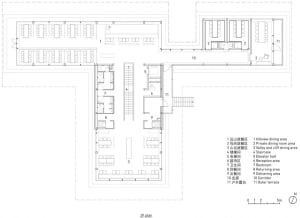 Floor plan of a restaurant dining area with various seating arrangements, private dining rooms, and functional zones.