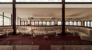 A spacious, industrial-style hospitality design with a mix of leather, metal, and glass materials.
