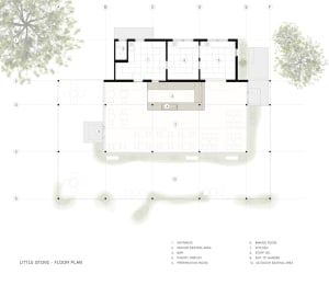 2D architectural drawing of Little Stove restaurant featuring concrete, steel, and glass materials.