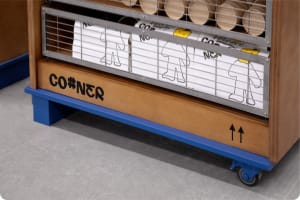 Minimalist wood cabinet with blue accents, featuring 'CO#NER' branding and storage compartments.