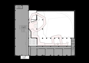 Floor plan of a modern office space with conference areas, meeting rooms, and workstations.