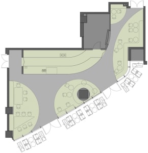 A detailed floor plan of an office space showing the layout and arrangement of furnishings.