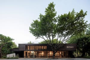 Modern retail storefront with metallic, glass, and concrete materials