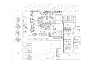 2D architectural drawing of a distinctive commercial space featuring concrete, glass, and metal materials.