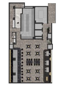 A detailed restaurant floor plan featuring a combination of polished stone and marble surfaces.