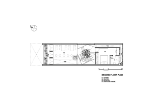 2D architectural drawing depicting a second floor layout with garden, seating, bedroom, and ensuite bathroom.