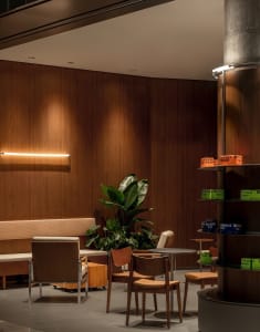 A cozy coffee shop with wooden walls and furniture, ambient lighting, and green plants