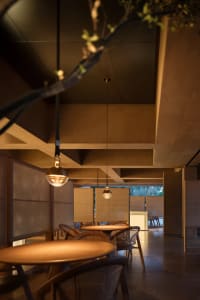 Modern minimalist restaurant with wooden tables and chairs, warm lighting, and natural elements.