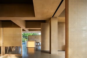 A modern office space with concrete walls and minimalist design.