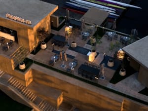 An outdoor cafe area with modern design elements, including concrete structures, seating arrangements, and potted plants.