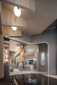 Metallic commercial space interior with modern design elements.