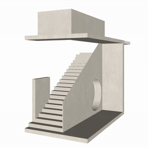 Concrete staircase design with a circular cutout in a concrete wall.