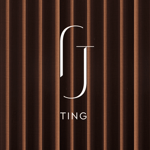 A minimalist logo design featuring a simple, elegant font against a dark brown background with vertical stripes.
