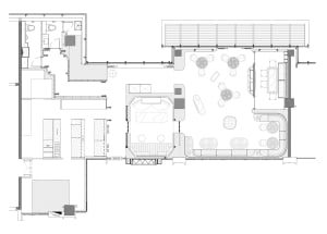 Floor plan of an office space with black and white elements.