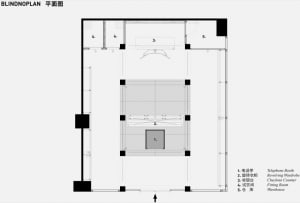 Floor plan diagram of a retail store layout with details on telephone booth, revolving wardrobe, checkout counter, fitting ro