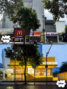 Modern retail storefront featuring yellow aluminum panels and contemporary design elements.