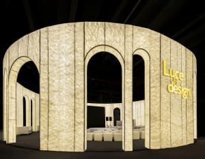 Modern interior design event space featuring illuminated fabric walls.