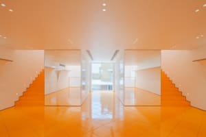 Modern interior design featuring shiny yellow tiled floor, concrete walls, and mirrored surfaces.