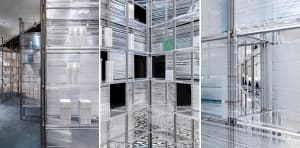 Abstract retail space with metal shelves wrapped in transparent plastic, creating a visually striking and modern display.