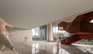Modern interior design featuring futuristic room with concrete and wooden materials