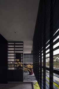 Modern interior featuring metallic planters and containers.