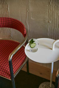 Modern interior of a restaurant featuring a glass cocktail.