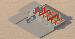 3D rendering of a building renovation project with a focus on the use of concrete material.