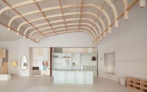 A minimalist retail space featuring a modern counter made of natural wood