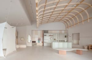 Modern retail store interior with minimalist design, featuring concrete and pastel colors, and a unique wooden ceiling struct