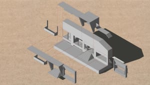 Modern exterior image of a building rendered in a 3D perspective.