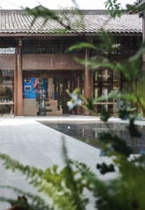Traditional commercial space featuring wooden architecture and materials.
