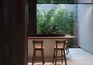 Modern coffee shop interior with wooden elements and green plants.