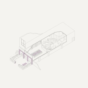 Wireframe diagram of a building's floor plan