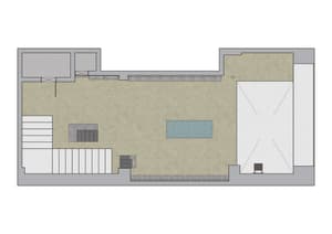 A 2D architectural drawing of a modern swimming pool with concrete flooring.