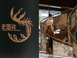 A metal and wood patterned staircase with a lady walking down it.