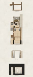 Schematic architectural plan of an interior design space showing structural layout, furniture arrangement, and material finis