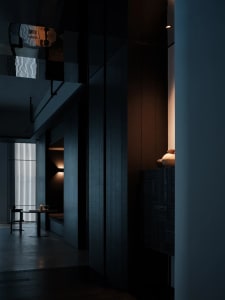 A modern residential interior space with wooden elements.