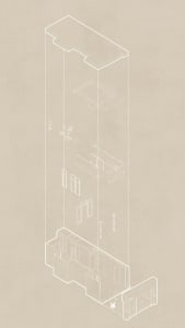 Cross-sectional architectural drawing of an interior design with white lines and a beige background.