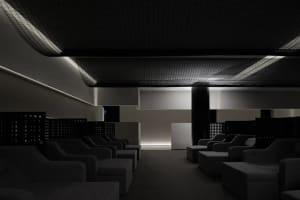 Modern seating arrangement with fabric upholstery in a contemporary interior space