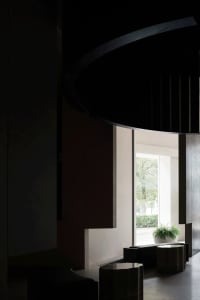 Modern lobby featuring metal seating arrangements