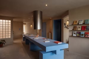 A modern library interior featuring a long concrete counter and shelves with books.