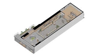 An overhead view of an industrial-style office space with a wooden floor plan showing various functional zones.