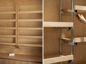 Modern shelving system with adjustable wooden shelves and metal supports, showcasing adjustable shelving functionality