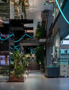 A modern retail store featuring glass walls and interior design elements.
