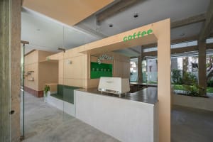 A modern coffee shop interior featuring wood and glass materials.