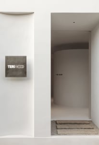 A modern, minimalist interior space with a concrete wall and a curved, white doorway.