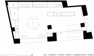 Shop interior layout plan showing furniture arrangement and storage areas.